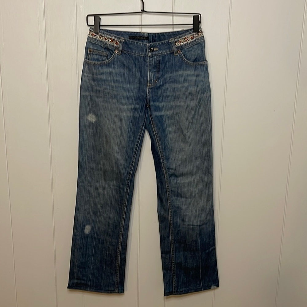 Elie Tahari Vintage Distressed Boho Chic Embroidered Straight Jeans